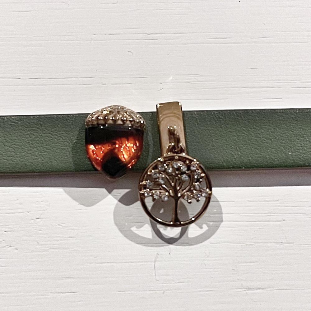Moss green and rose gold leather bracelet 2 charms
